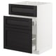Modern kitchen cabinet, white & black, wood & metal, square shape, with drawers.