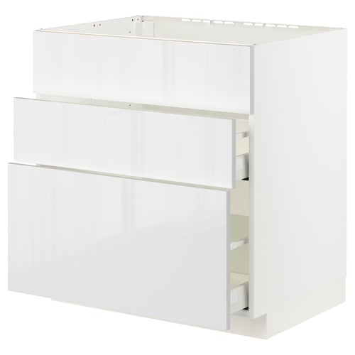 White METOD kitchen unit, glossy, rectangular with three drawers.