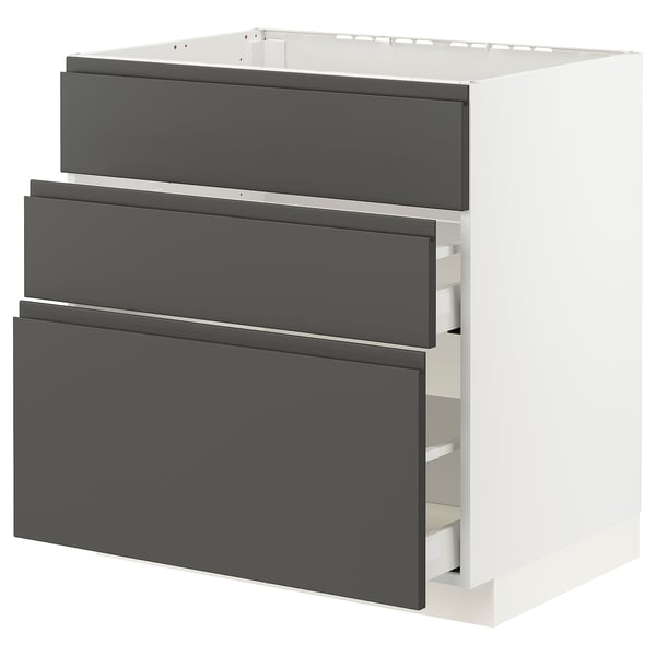 Modern white kitchen unit with grey drawers, sturdy and sleek design, ideal for storage.