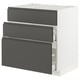 Modern white kitchen unit with grey drawers, sturdy and sleek design, ideal for storage.