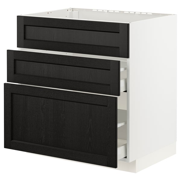 METOD kitchen unit, black stained wood drawers, white base.
