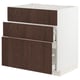 Modern kitchen unit, white with dark brown drawers, sleek design, wooden edges.