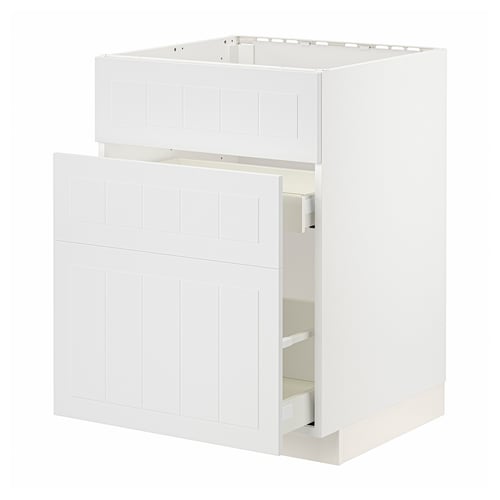White METOD kitchen cabinet with open drawer; modern, rectangular design.