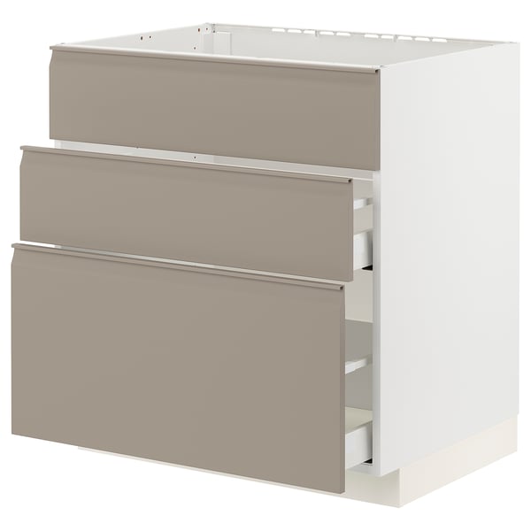 A METOD kitchen cabinet with three upplöv drawers in matte grey-beige.