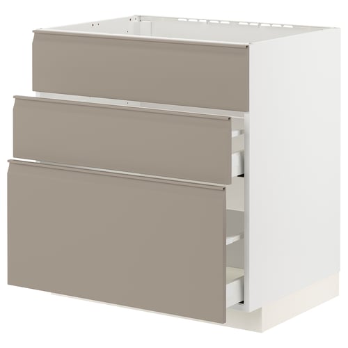 A METOD kitchen cabinet with three upplöv drawers in matte grey-beige.