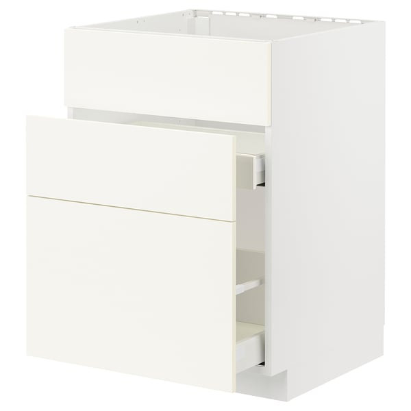 White METOD kitchen cabinet with three drawers, sleek modern design.