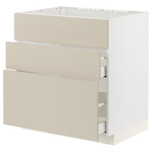 Ikea METOD kitchen unit in beige with three drawers, smooth and modern design.