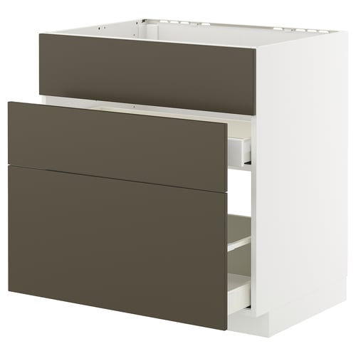 Ikea METOD kitchen unit with brown havstorp drawers and white frame.