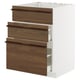 METOD kitchen unit with 3 dark brown wood drawers and white sides.
