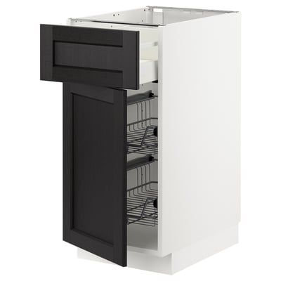 Ikea METOD kitchen cabinet in white with black stained drawer, wire baskets.