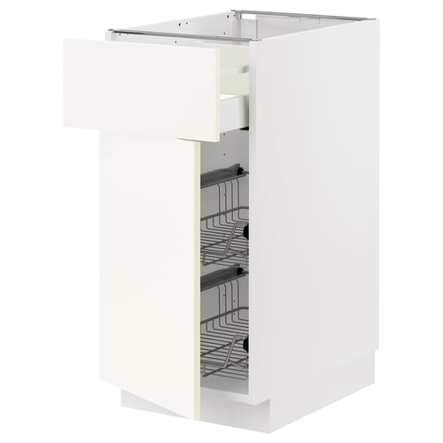 White METOD kitchen cabinet with wire racks, rectangular shape, sleek design.