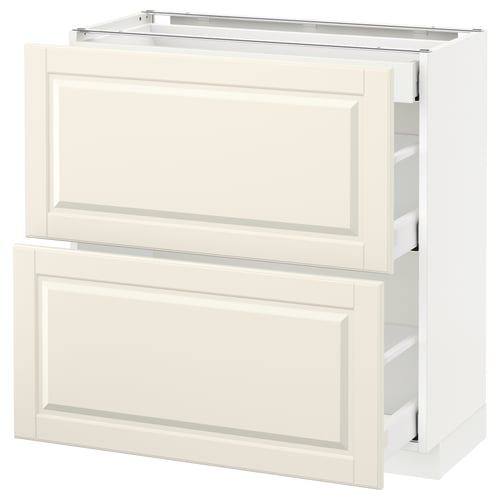 Off-white kitchen cabinet, traditional design with bevelled edges, two drawers, smooth finish.