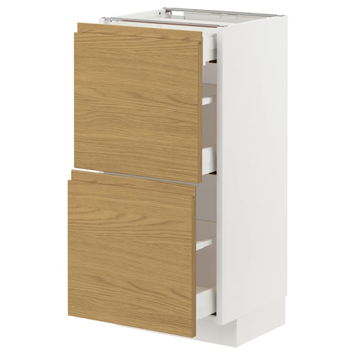 A white and light brown kitchen cabinet with two drawers in a minimalist design.