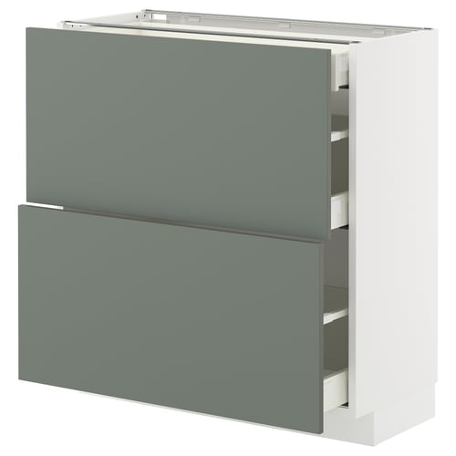 A modern METOD kitchen cabinet with matt grey-green nickeby fronts. It two drawers, a sleek design, and sturdy construction.