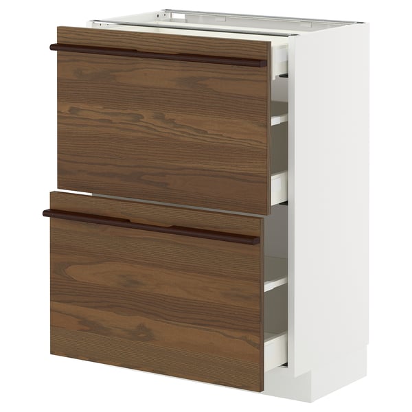 METOD kitchen unit in white with dark brown wood drawers and solid wood handles.