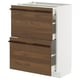 METOD kitchen unit in white with dark brown wood drawers and solid wood handles.