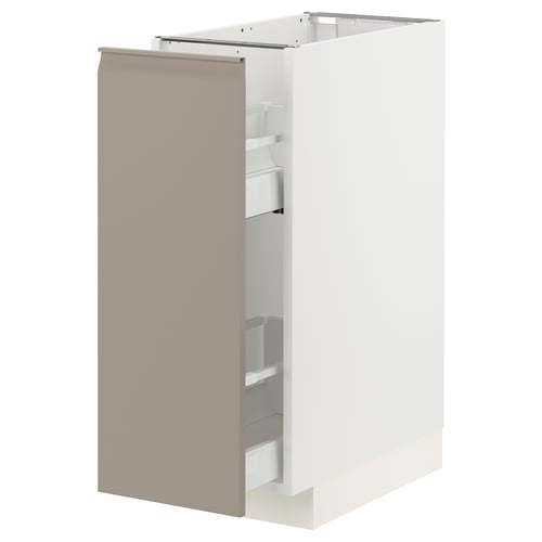 White METOD kitchen cabinet with grey-beige door and pull-out shelves.