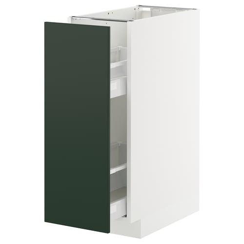 The METOD kitchen cabinet with havstorp green doors. Its a tall, rectangular white cabinet with pull-out shelves inside.