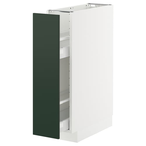 A white METOD kitchen cabinet with a deep green havstorp door, featuring a sturdy construction and pull-out drawer for storage.