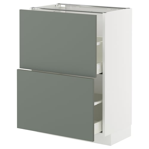 Modern kitchen cabinet in grey-green with two drawers. Made of particleboard, steel, and plastic. Simple and sleek design.