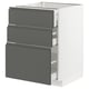 METOD kitchen cabinet with three grey drawers, partially open.