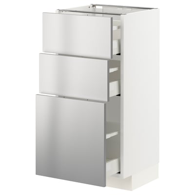 Modern stainless steel kitchen cabinet with three drawers, part of the METOD system. Sleek, industrial design for a professional look.