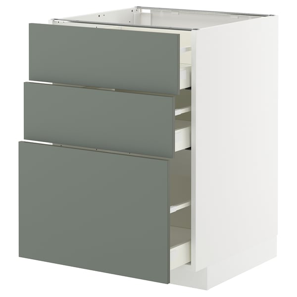 METOD kitchen cabinet with 3 green-gray drawers and white frame