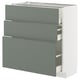 A modern kitchen cabinet called METOD with three grey-green drawers and a white base.