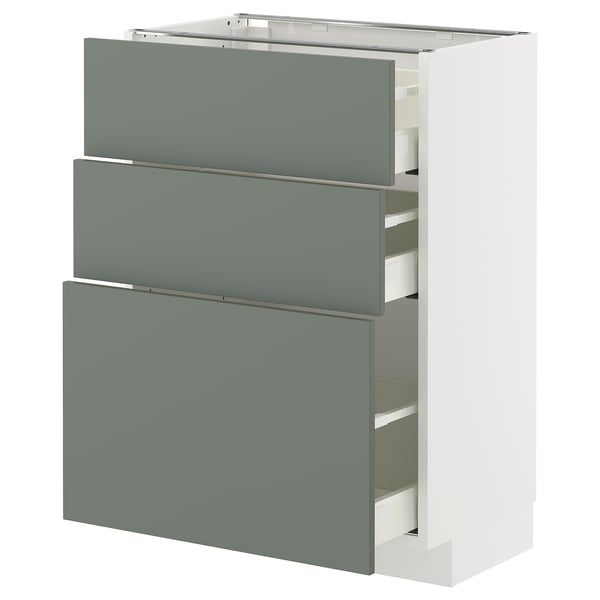 White METOD cabinet with 3 green-gray drawers open.