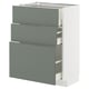 White METOD cabinet with 3 green-gray drawers open.