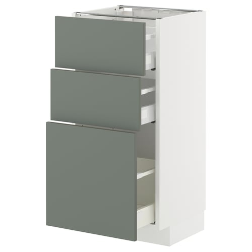Modular kitchen cabinet with 3 grey-green drawers, white frame.
