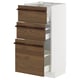 An ikea METOD kitchen cabinet with three dark brown wooden drawers and a white frame. It sturdy construction and full-extension drawers.