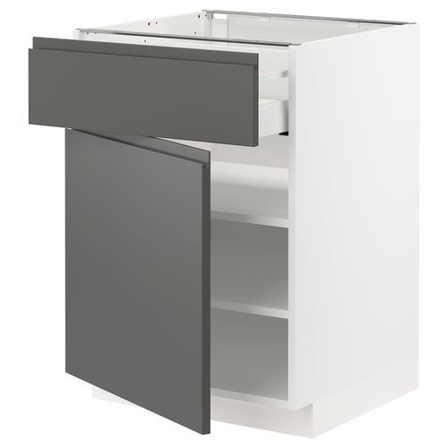 Modern kitchen cabinet, white and grey, rectangular with one drawer and one open shelf, smooth finish.