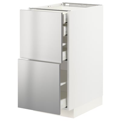 Modern white kitchen cabinet with stainless steel drawers and doors, sleek and industrial design.
