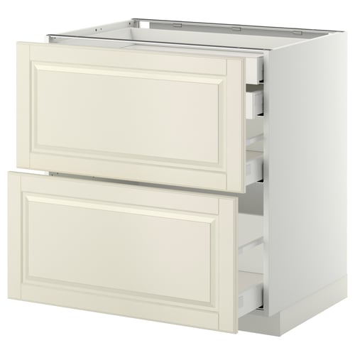 Off-white METOD kitchen cabinet with bevelled drawers, two large drawers, full-extension slides, and soft-close mechanisms.