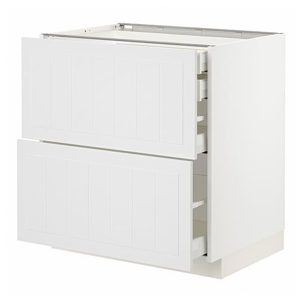 METOD kitchen unit, white with vertical grooves, includes drawers, sleek and modern design.