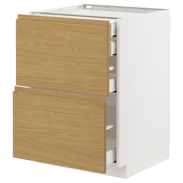 Modern kitchen cabinet, white and oak, three drawers, minimalist style.