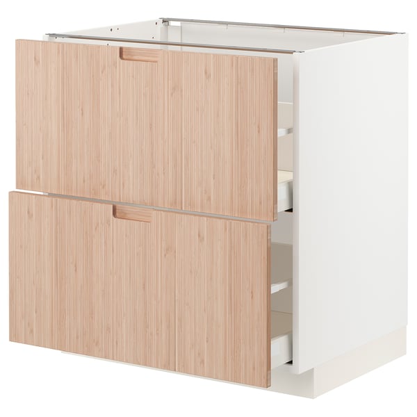 An ikea METOD kitchen cabinet with natural bamboo finish, featuring two drawers and two doors, designed with a sleek and modern look.