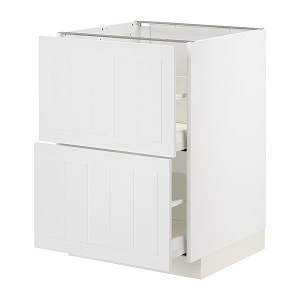 White METOD kitchen cabinet with stensund fronts, featuring two drawers and a door. Crafted look design with soft-close drawers.