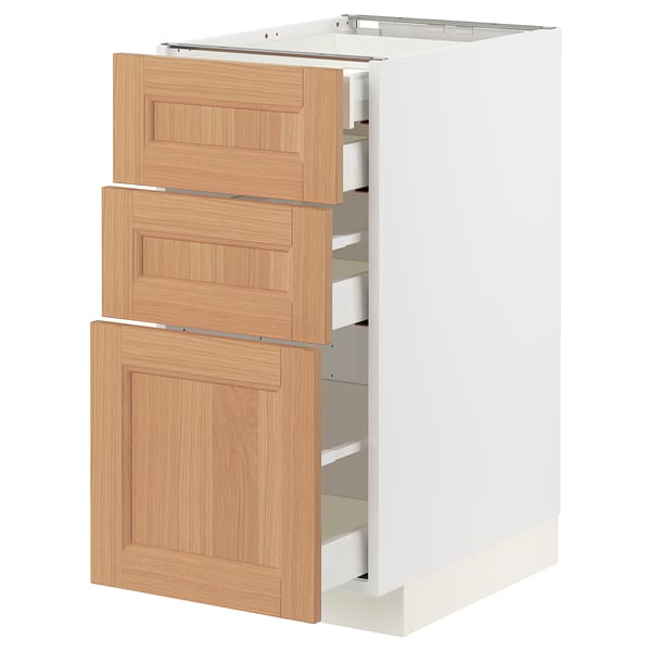 METOD white kitchen cabinet with oak drawers, sleek design, pull-out drawers.