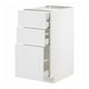White METOD kitchen cabinet with three drawers and two doors.