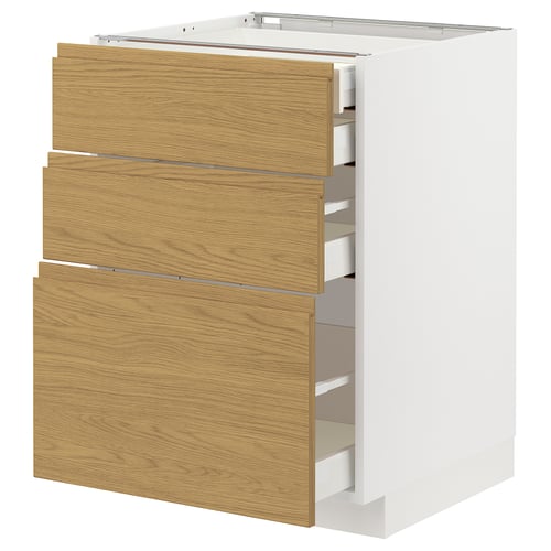 A METOD kitchen unit with three oak effect drawers, white base, and sleek, integrated handles.