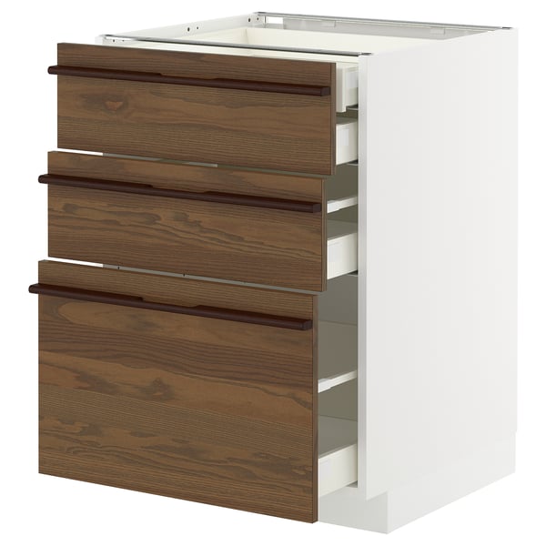 Modern kitchen unit: METOD with dark brown ash veneer drawers and white base, featuring multiple pull-out drawers.