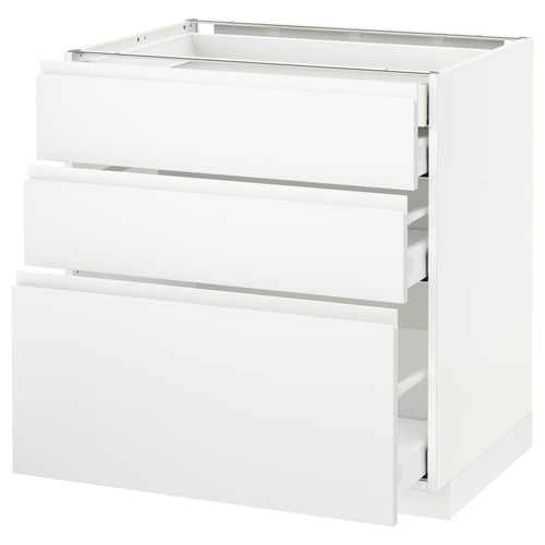 White METOD kitchen unit with three drawers, sleek minimalist design.