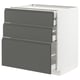 Modern grey-white kitchen cabinet with three drawers and sleek design.