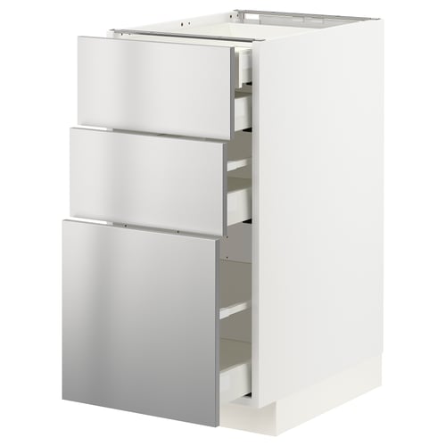 Modern kitchen cabinet with three stainless steel drawers, sleek design, part of METOD system.