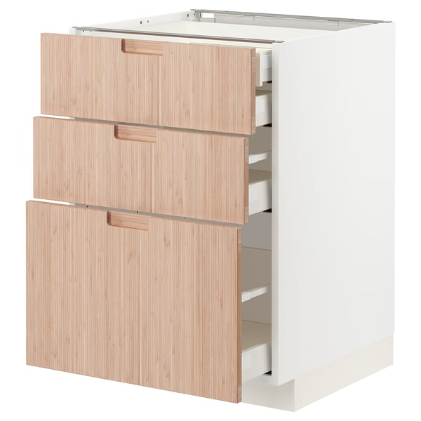 Modern, white METOD kitchen cabinet with light bamboo drawers and sleek handles.