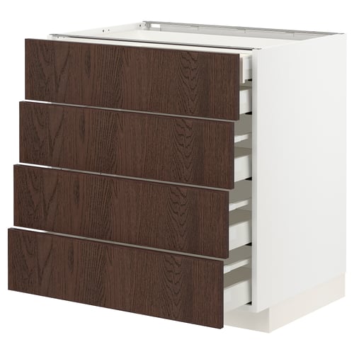 Modern kitchen cabinet named METOD, white with dark brown wooden drawers, sleek design, four large drawers.