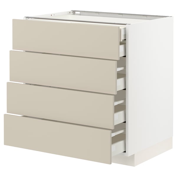 Beige METOD kitchen cabinet with four smooth drawers, square, modern design.