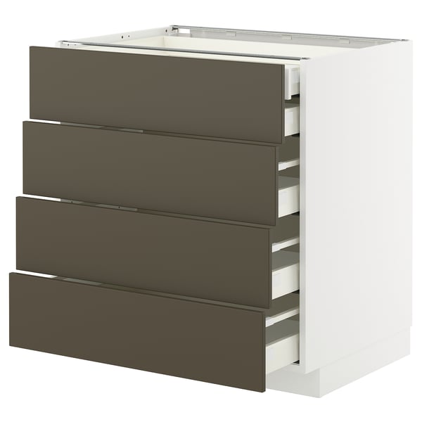 METOD kitchen cabinet with 4 dark brown drawers, white frame, full extension runners, modern design.